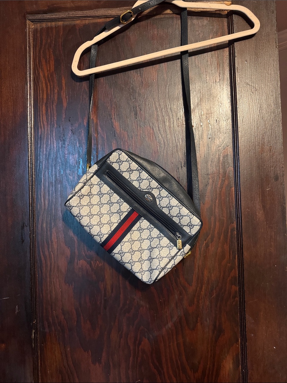 Gucci Beige Navy GG Supreme Web Crossbody  Bag